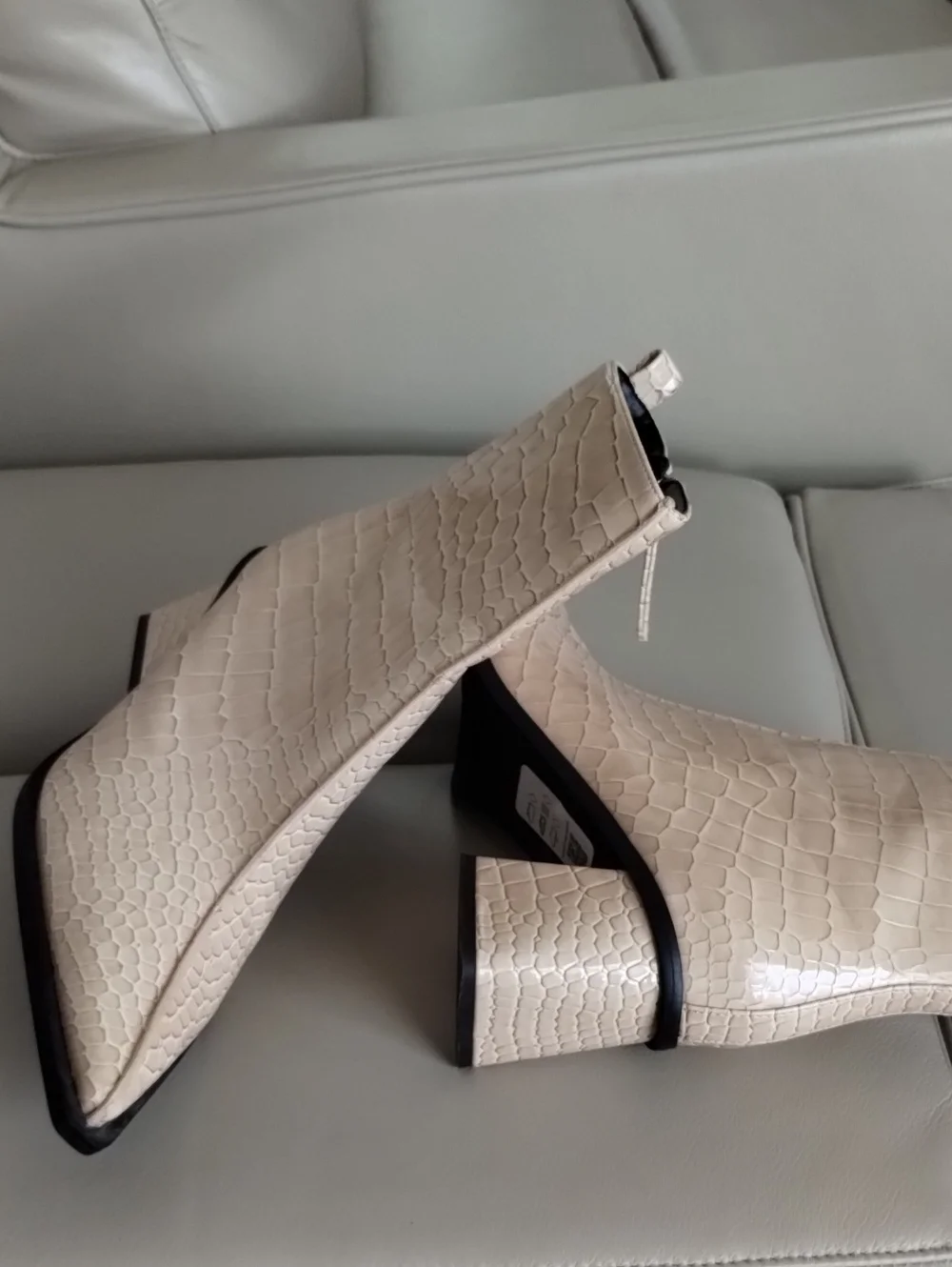 Topshop Cream Croc-Effect Square Toe Ankle Boots